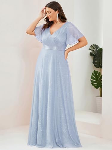 Image of Ever-Pretty Plus Women's Glitter Formal Dress Evening Gown for Gala V-Neck Short Sleeve Floor Length Plus Size Prom Dresses