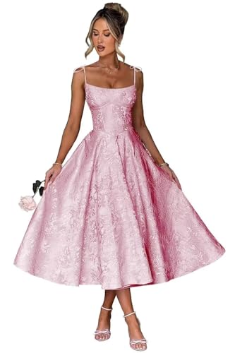 Satin Spaghetti Straps Jacquard Prom Evening Dresses Midi for Teens Square Neck Corset Pleated Blush Homecoming Cocktail Ball Gowns US6