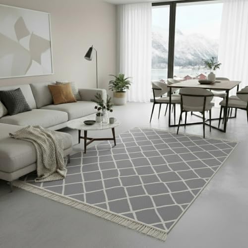 Jimri Alfombra de Pasillo - alfombras para salón, Dormitorio, Cocina, habitación Infantil, baño - Alfombra Boho Kelim - Rayas Gris Claro Blanco, 120 x 170 cm