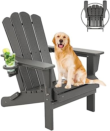 HUEZOE Folding Adirondack Chairs, Adirondack Chair Plastic, HDPE All-Weather Folding Adirondack Chairs, Fire Pit Chairs, Classic Adirondack Chair Design with Cup Holder Grey