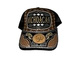 Straw Design Rodeo Cowboy with Mexican State Trucker Mesh Baseball Cap Gorra Artesanal con Bordado del Estado (Michoacan) Black
