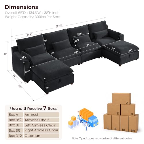 Image of WorthFurni Modern Modular Sectional Sofa,134 inch U Shape Sectional Cloud Couch with Storage Ottoman,Comfty 6 Seat Sofa for Living Room,Black Chenille