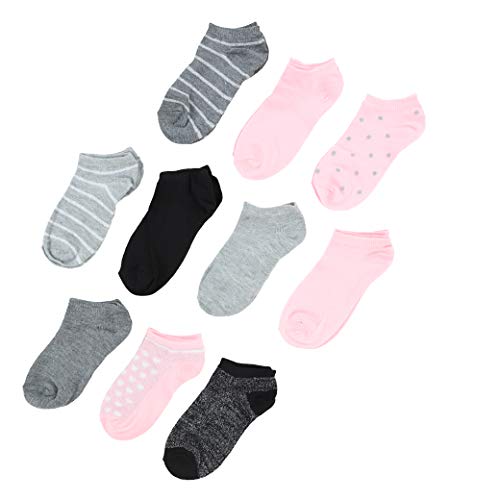 Nicole Miller Girls and Toddler Ankle Socks Low Cut No Show Stripes Polka Dots and Assorted 10 Pack, Stripes Polka Dots Solid ,43927