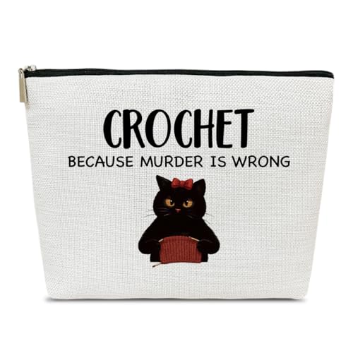 Funny Black Cat Crocheter Makeup Bag, Knitting Crochet Gifts for Lovers Knitters, Cat Themed Gifts Cosmetic Bag for Purse