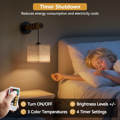 Image of XSDeTu Battery Operated Wall Sconces Set of 2, Modern Rechargeable Wall Mounted Lamps with Remote Control, Adjustable 3 Colors Dimmable Wall Lights for Bedroom, Wooden Arm, Hexagonal Fabric Shade