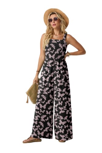 Lepunuo Jumpsuits for Women Casual One Piece Overalls Smocked Wide Leg Long Rompers With Pockets Beach Vacation — view 3