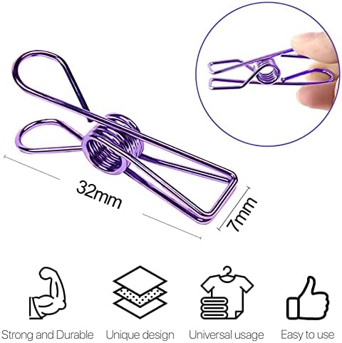 20 Pack Metal Clothes Pegs Pins, Laundry Hanging Pegs Clips, Windproof Clip, Fish Mouth Clips for Clothes, Files, Bath, Towels, Snacks, Kitchen, Bathroom, Garden (5 Colors)