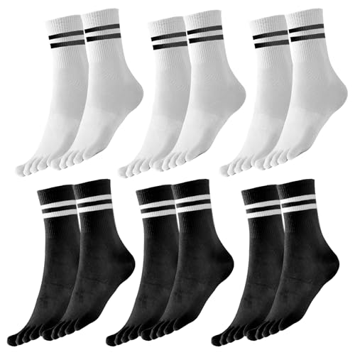 Amexo 6 Pares Calcetines de Dedos para Mujer - Transpirable de Algodón con Cinco Dedos Separados, para Yoga, Deportes, Gimnasia y Tenis - Diseño de Rayas