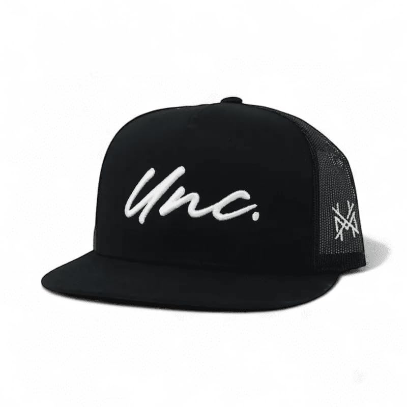 The Mad Hatter Men & Womens Trucker Hat Premium Embroidered Adjustable Snapback for Everyday Wear (UNC - Flat Bill Black)