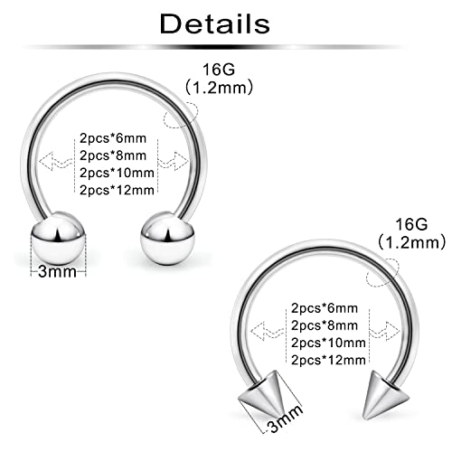 Ftovosyo 16PCS 16G Multiple Different Sizes Horseshoe Barbell Surgical Steel Nose Septum Rings Hoop Daith Earring Eyebrow Helix Vertical Lip Piercing Jewelry for Women Men3