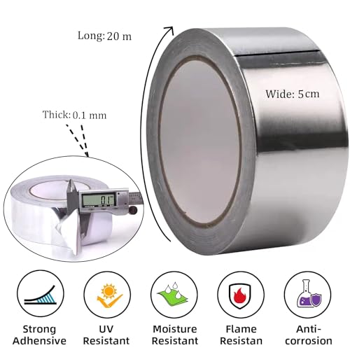Aluminiumband Dicke 0.1mm Selbstklebendes Hochtemperatur Wasserdichtes Alu-Klebeband für HVAC Isolierung Rohrleitungen Dichtung Flicken Luftkanäle Abgasrohr Entlüftungen Trockner Herd 5cm x 20m