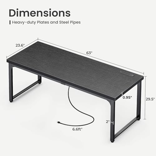 Huuger 63 x 24 inch Desk with Power Outlets & USB-C, Deeper & Thicker Desktop, Robust Metal Tubes, Computer Desk, Heavy Duty Office Desk, Work Gaming Desk, for Home Office, Black