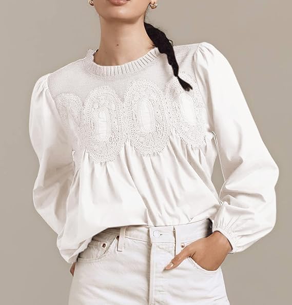 Women’s Lace Flared Blouse Poplin Mesh Long Sleeve Crew Neck Babydoll Top Elegant Loose Peplum Ruffle Swing Shirts - Image 3