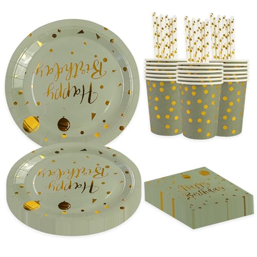 BOKFJBP 80Stück Geburtstag Partygeschirr Set Einweg Salbeigrün Gold Ballon Kinder Wiederverwendbar Liefert Papier Teller Servietten Tassen Strohhalme für Geburtstag Babydusche Hochzeit Deko Dient 16