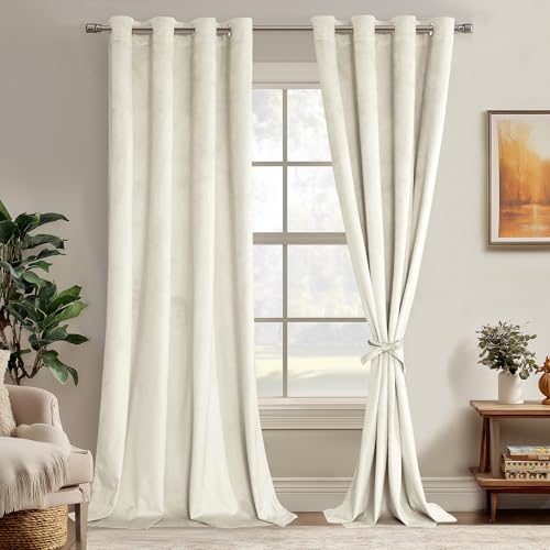 JIUZHEN Ivory Velvet Curtains 96 inches Soundproof Curtains for Living Room - Privacy Protect Room Darkening Grommet Thick Velvet Window Drapes for Bedroom, Set of 2 with Tiebacks, 52W x 96L