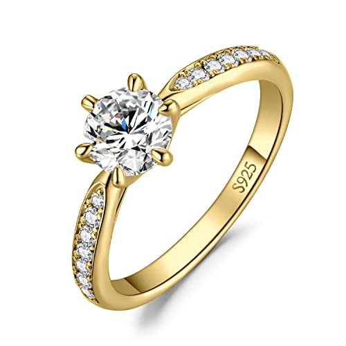 JewelryPalace Classic 5mm 0.5ct Moissanite Solitaire Engagement Rings for Women, 14K Yellow Gold 925 Sterling Silver Promise Ring for Her, Round Cut Simulated Diamond Wedding Rings H-J Size 7