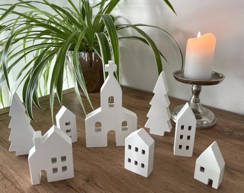 LB H&F Häuser 8 TLG. Set Haus Tannenbaum Holz Natur Baum Dekohaus zum...