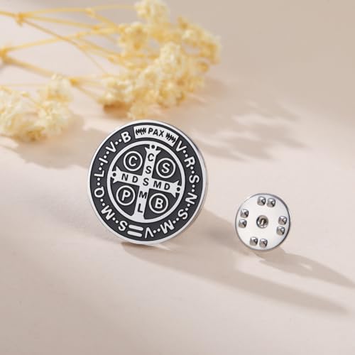 TEAMER Saint Benedict Brooch Stainless Steel St. Benedict Pin Jesus Cross Religious Catholic Amulet of Strength Faith Protection Peace Prayer Jewelry For Women Men (Silver) by TEAMER - Used condition - Image 4
