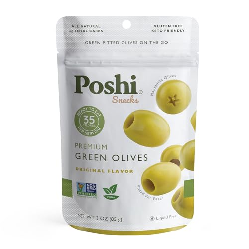 Image of POSHI Green Pitted Olive Snack Packs, Original, 3 oz (Pack of 6)