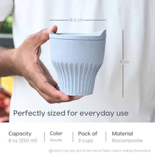 Image of Eha Earth Friendly Rafter Coffee Mug with Lid | Tea Cup Set | 250 ml | Made with Rice Husk | Microwave Safe Mugs for Gifting | 2 Unit | Azure