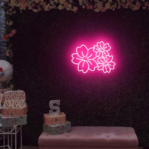 Image of Cherry Flower Neon Sign For Wall Decor Studio Room Led Lights, Beautiful Pink Draw Decor Neon Signs Aesthetic Operated Light For Door Decorations, Drawing Room Gifts Accessories Neon Sign