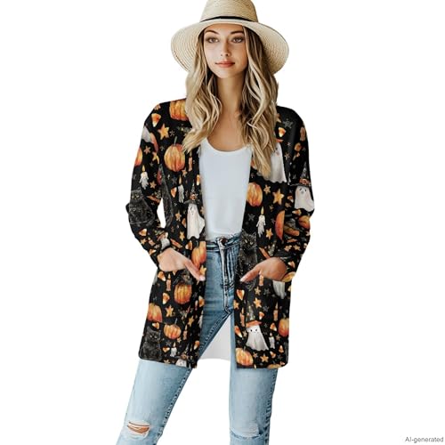 Image of Fall Maple Leaf Cardigan Sweaters for Women Long Sleeve Cardigan Soft Drape Open Front Dusters V-Neck Jackets Dressy