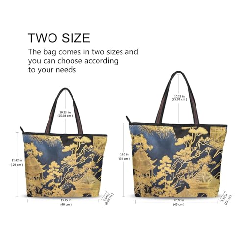 silk fabric zippered work tote bags trendy handbags for women for Prom Engagement Cocktail Party Wedding (Black Gold Chinese Landscape) L2