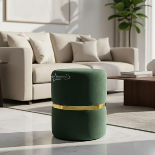 Image of Round Single Strip Upholstered Stool Living Room Foot Rest Linen Fabric Padded Seat Pouf Ottoman Office Stool Dark Green