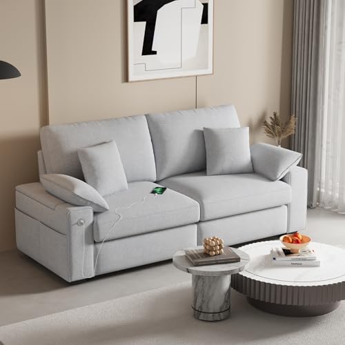 Image of 76 inch Modern Sofas for Living Room, Comfy Loveseat Sofa with Deep Seat Couch, USB /Type-C Port, Side Storage, Removable Cover, Small Couches for Living Room, Light Grey