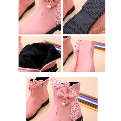 Girls Ankle Boots Fur Lined Winter Warm Boots Lace Trim PU Leather Side Zipper Riding Boot 4-12 Years4