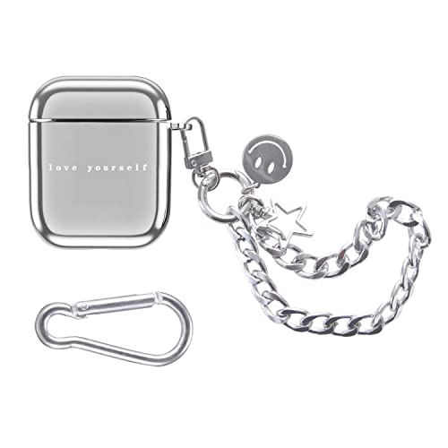 White Letter Airpods Case,Silver Apple Airpods 2Nd 1St Generation Couple Case Soft Tpu Plating With Keychain/Anti-Lost Bracelet (White &Love Yourself ) #TOP23