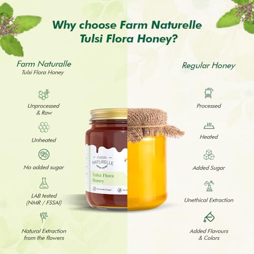 Image of Farm Naturelle Tulsi Forest Flower Wild Honey 300gm|100% Pure Honey | Raw & Unfiltered|Unprocessed|Lab Tested Honey In Glass Jar with Engraved Virgin Wooden Spoon