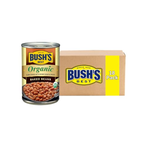 Bush’s Best Organic Baked Beans, Slow Cooked Seasoned Beans with Brown Sugar and Spices for BBQ, Cookouts and Easy Meals, 16 Ounce (Pack of 18)