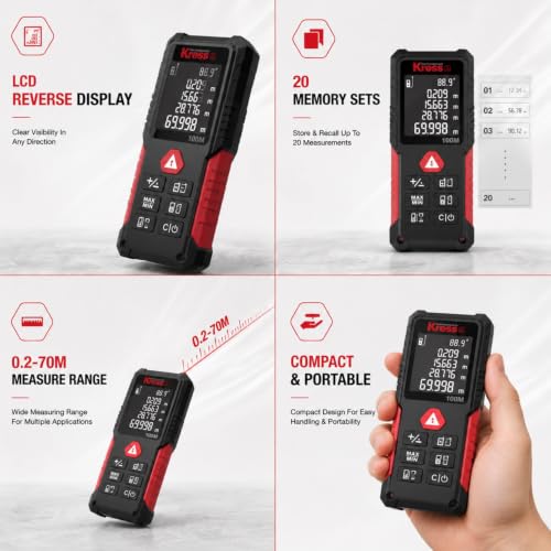 Image of Kress KI202 100M Cordless Laser Distance Measurer | ±1.5mm Accuracy | IP54 Waterproof | 1s Fast Measurement | LCD Reverse Display | 20 Memory Sets | Soft Grip Design | Includes Charger & Case
