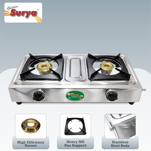 Image of Golden Surya Star 2 Burner LPG Gas Stove with High Efficiency Burners, Stainless Steel Body, Heavy MS Pan Support, Manual Ignition, ISI Certified, 18 Months Warranty