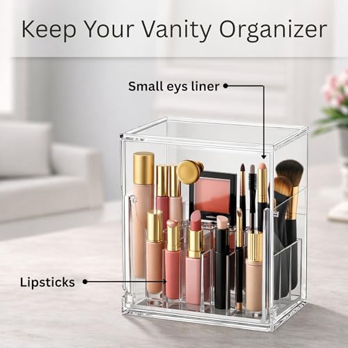 Image of KiZY Luxury Clear Acrylic Lipsstic Nail Polish Makeup Brush Organizer | Elegant Multi-Compartment Makeup & Desk Storage Box for Vanity or Office (Small)