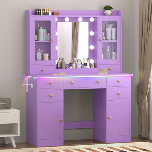 Wodeer Vanity Desk with Mirror and Lights, 43" Purple Makeup Vanity Set with 5 Drawers & Glass Cabinets, Makeup Tray, Power Outlet & Adjustable LED Lights, Dressing Table for Women & Girls Bedroom
