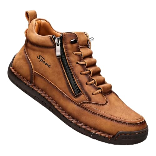 ENOEGMSD Men's Casual Leather Handmade High Top Chukka Boots Fashion Lace Up Side Zipper Mid top Comfortable Slip On Loafers Non-Slip Soft Sole Lightweight Walking Driving High Boots (Brown,9)