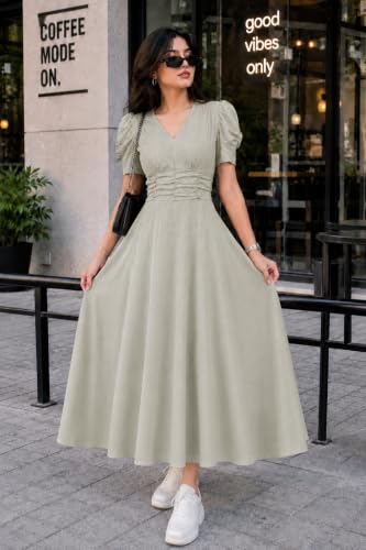 Image of Preneum Girl's & Women's Solid Color V-Neck A-Line Maxi Dress for Women | New Year Party Outfit | Waist Cinched Puff Sleeve Western | Elegant Casual Wear (Availble in Plus Size)