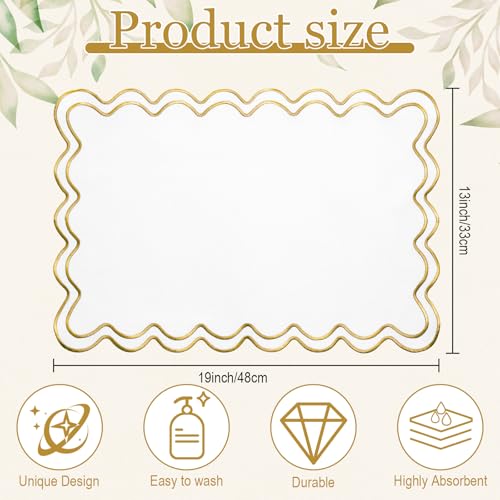 HunnmingRe Set of 6 Cotton Linen Placemats, 13x19 Inch Scalloped Wavy Embroidery Placemat Double Layered Washable Rustic Rectangle Dinner Table Mat for Grad Wedding Home Decor(White with Gold) by HunnmingRe - Image 2