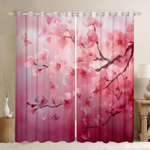 Loussiesd Cortinas opacas de estilo japonés con diseño de flor de cerezo rosa para decoración de dormitorio, sala de estar, cortinas japonesas Ukiyoe con aislamiento térmico, 2 paneles de 52 pulgadas