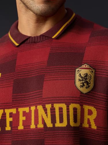 Image of The Souled Store Harry Potter: Gryffindor Quidditch Men and Boys Short Sleeve Spread Collar Red and Maroon Jacquard Knit Acrylic Oversized Drop Shoulder Lightweight Polos