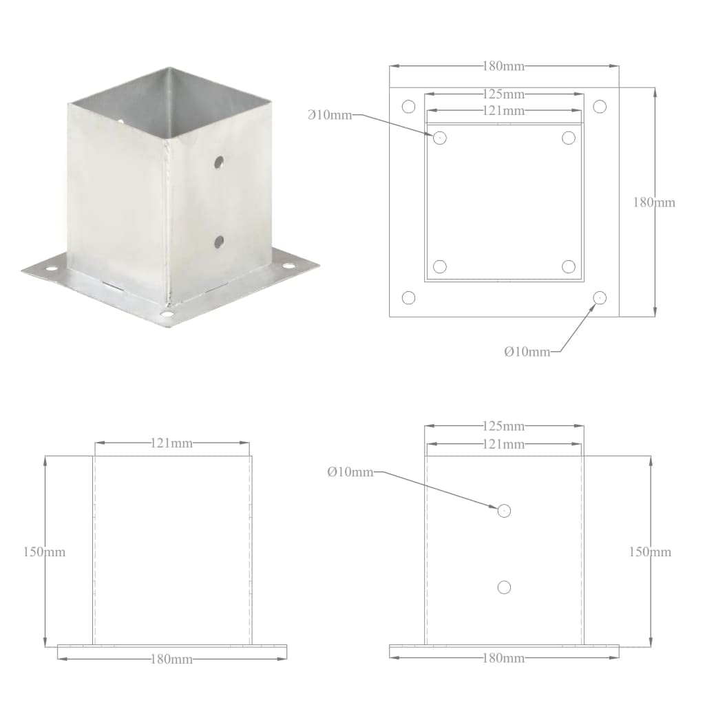 Anclajes de poste de metal galvanizado, 4 unidades, 121 mm, para tubos cuadrados, resistentes al óxido, ideales para fijación al suelo de vallas en hormigón y madera