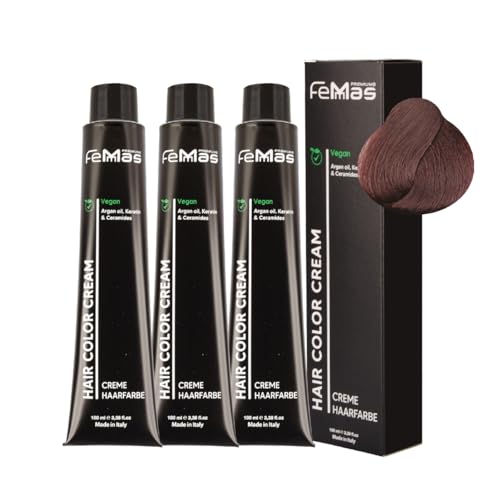FemMas Haarfarbe 3x Hellbraun Mahagoni 5.5 I Creme Haarfarbe mit Arganöl, Keratin & Ceramiden I Als dauerhafte Haarfärbung oder Tönung für strahlende, haltbare Farbergebnisse I 100 ml