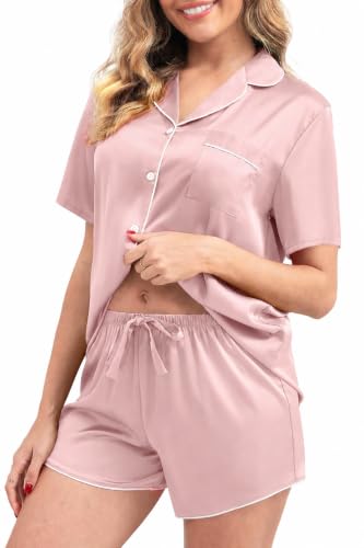 Yoohipuy Women's Pajamas Set Sleepwear with Short Sleeve Top & Elastic Waist Shorts Light Pink