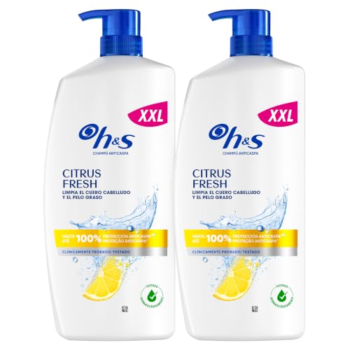 H&S Citrus Fresh Champú Anticaspa para Pelo Graso 2x1000ml, con Dispensador. Hasta 100% de Protección Anticaspa, Clínicamente Probado. Frescor y Limpieza con Aroma a Cítricos, New Version