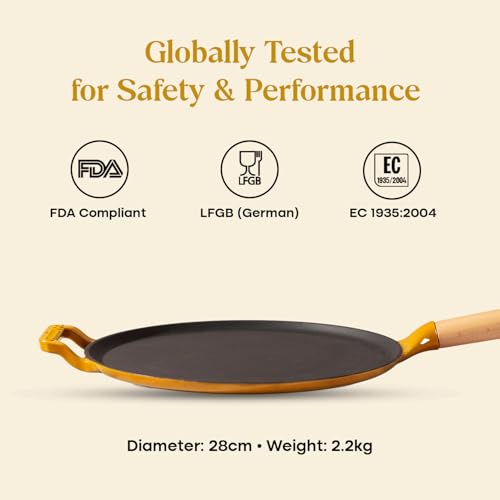 Image of CUMIN CO. Cast Iron Non Stick Dosa Tawa 28 cm | Induction Base Cookware | 10 Year Warranty | Chemical Free Coating | Non Toxic Tawa for Dosa /Chilla | Free Accessories | No Seasoning Needed | Mustard