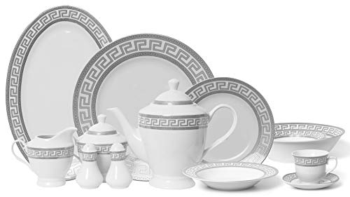 Royalty Porcelain Vintage Platinum 57-pc Dinnerware Set Greek Key Silver Premium Bone China