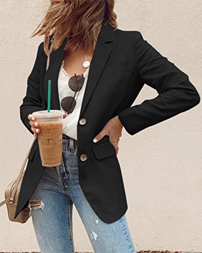 Newffr Womens Open Front Blazers Casual Long Sleeve Lapel Collar Button Down Work Office Jackets Blazer With Pocket Black #TOP1