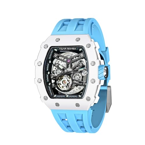TSAR BOMBA Luxury Automatic Mens Watches Square Wrist Watch Skeleton Tonneau Japanese Movement Silicone/FKM Rubber Watch for Men 50M Waterproof Sapphire Crystal Glass Gift for Men, Ceramic - New Blue, (B0BNYM1N7F) Amazon Price History, Amazon Price Tracker